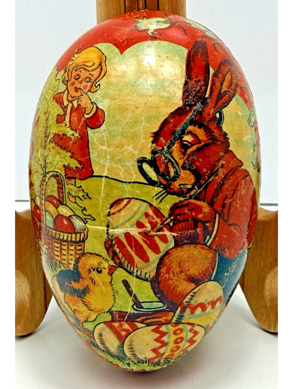 Vtg German Paper Easter Egg Chickens 3.5" Sawtooth Edge Girl Rabbit Painting